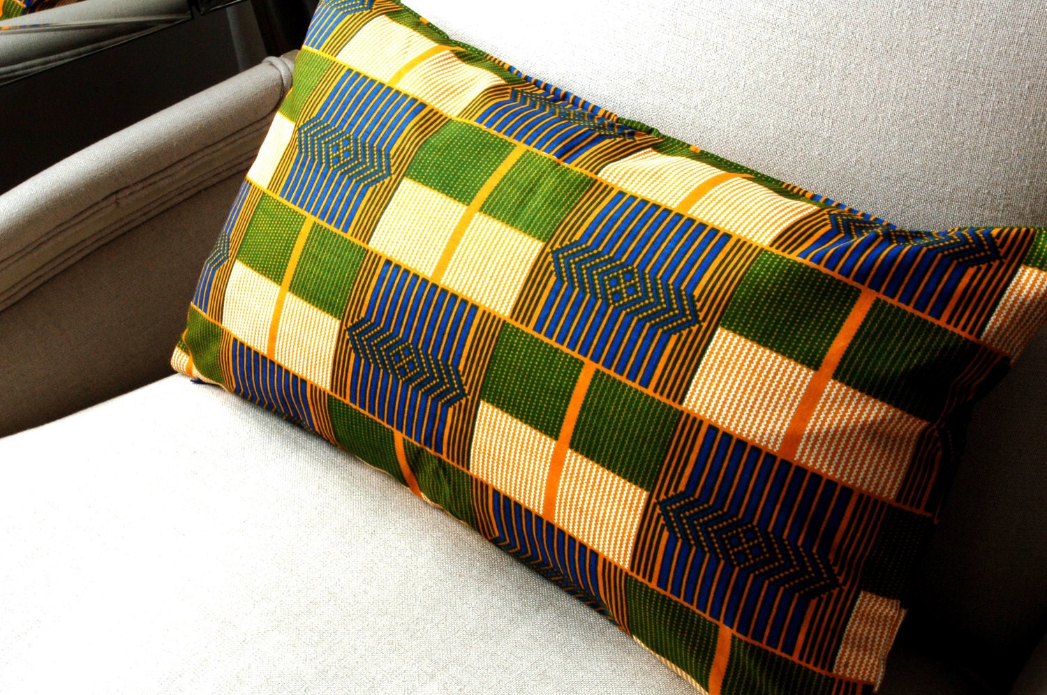 Green Blue Straw Kente Print Lumbar pillow cover - 12 x 22 inches