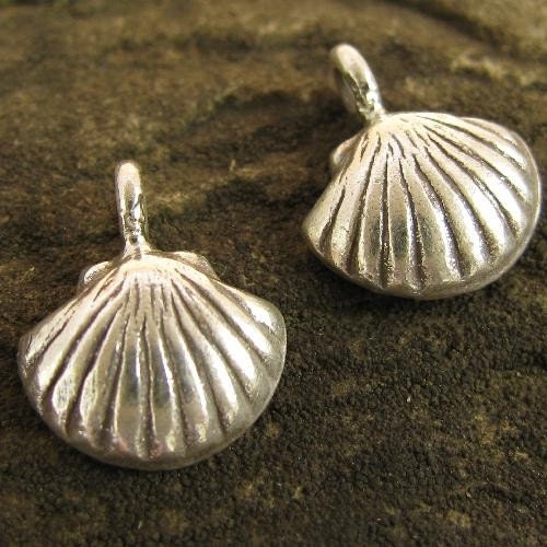 2 Cockle Shell Charms in Fine Silver-  Seashell Pendants  Beach Themed C151