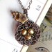 Bird Nest Pendant Necklace, Wire Wrapped, Oxidized Copper, Golden Caramel Freshwater Pearls, Flower, Leaf Accent, Chain Included