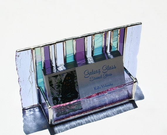 Stained Glass Business Card Holder Purple Lavender Blue Art Glass Fathers Day Office Graduation Gift Desk Accessory New Job OOAK