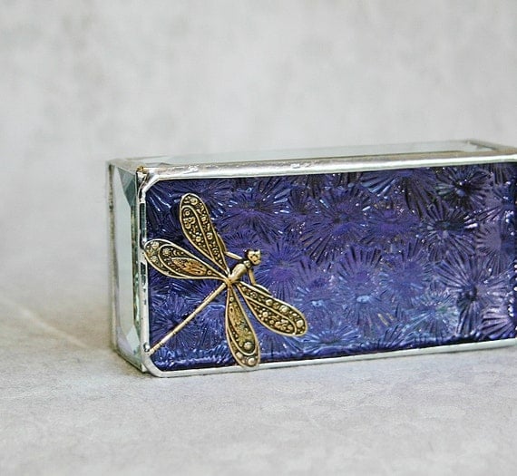 Stained Glass Jewelry Box Purple 2x4 w/ Gold-tone Floral-stamped Dragonfly Handmade OOAK