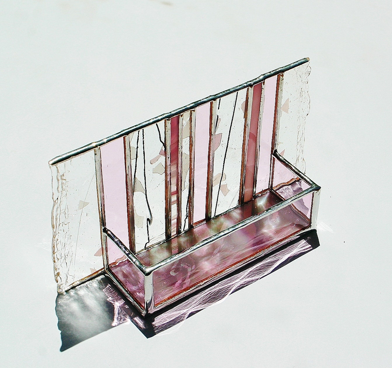 Stained Glass Business Card Holder Pink Confetti Art Glass Office Desk Accessory Handmade OOAK Striped