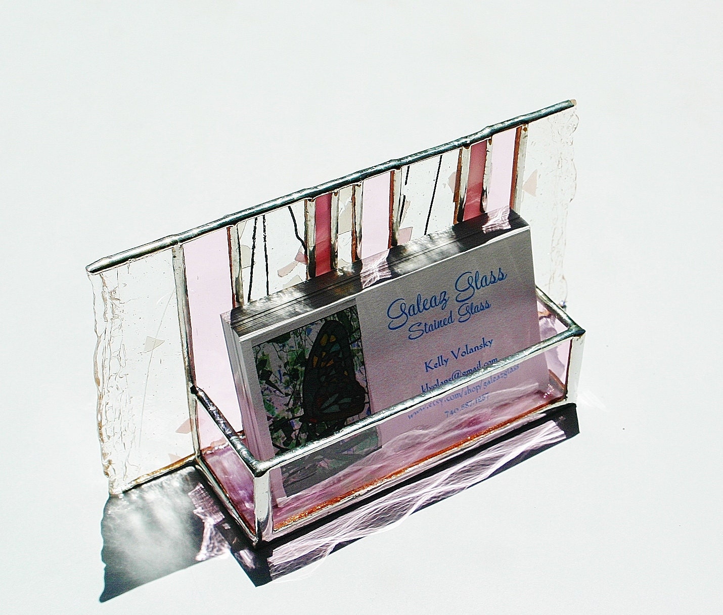 Stained Glass Business Card Holder Pink Confetti Art Glass Office Desk Accessory Handmade OOAK Striped