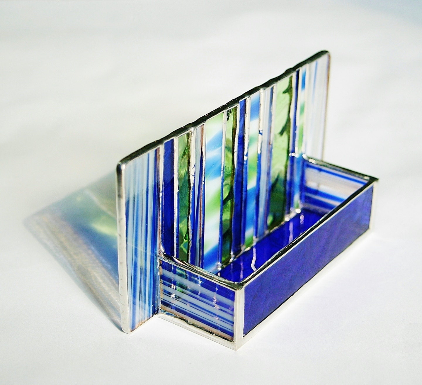 Stained Glass Business Card Holder Cobalt Blue Peridot Green Art Glass Modern Contemporary Office Fathers Day Handmade OOAK Striped