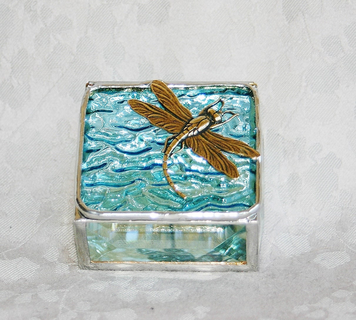 Stained Glass Ring Box Aquamarine Sky Blue 2x2 w/ Gold-tone Art Nouveau Dragonfly Wedding Ceremony Engagement Hand-crafted
