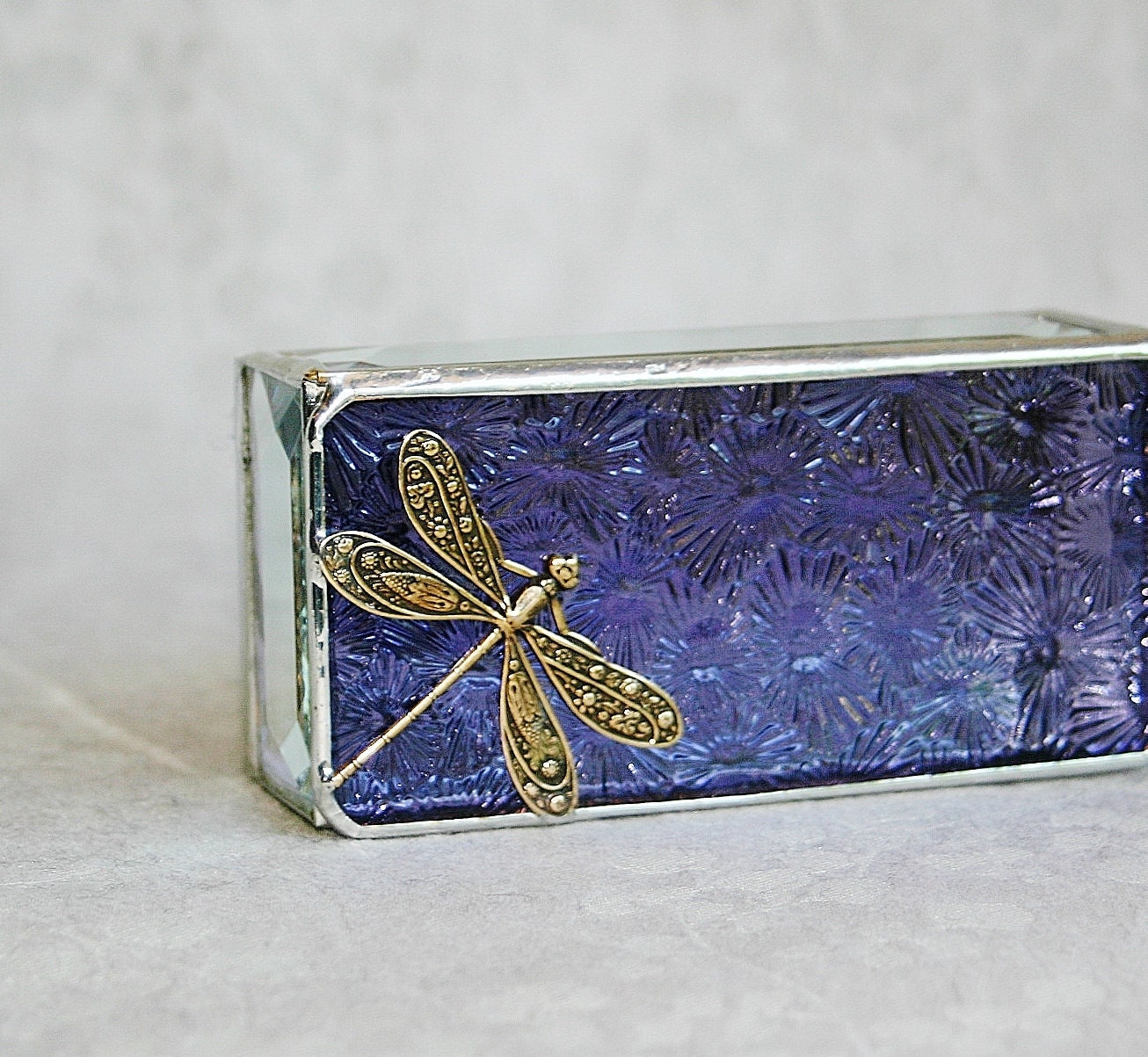 Stained Glass Jewelry Box Purple 2x4 w/ Gold-tone Floral-stamped Dragonfly Handmade OOAK