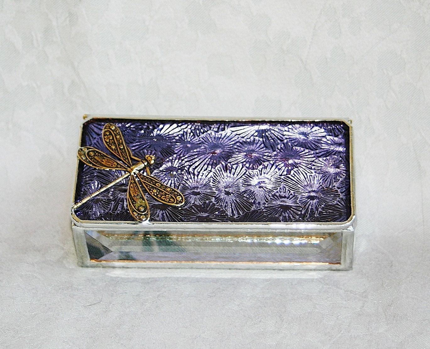 Stained Glass Jewelry Box Purple 2x4 w/ Gold-tone Floral-stamped Dragonfly Handmade OOAK