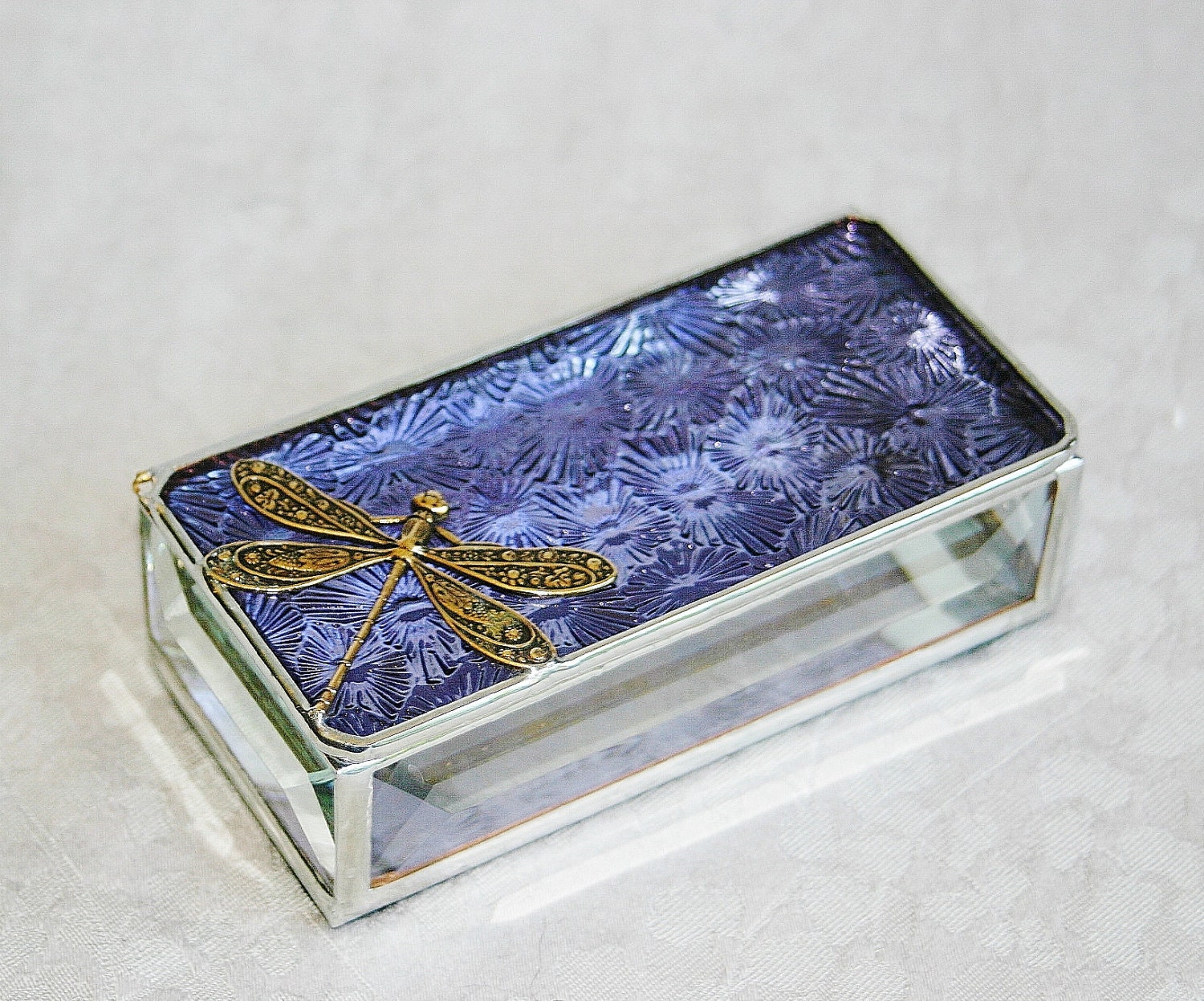 Stained Glass Jewelry Box Purple 2x4 w/ Gold-tone Floral-stamped Dragonfly Handmade OOAK