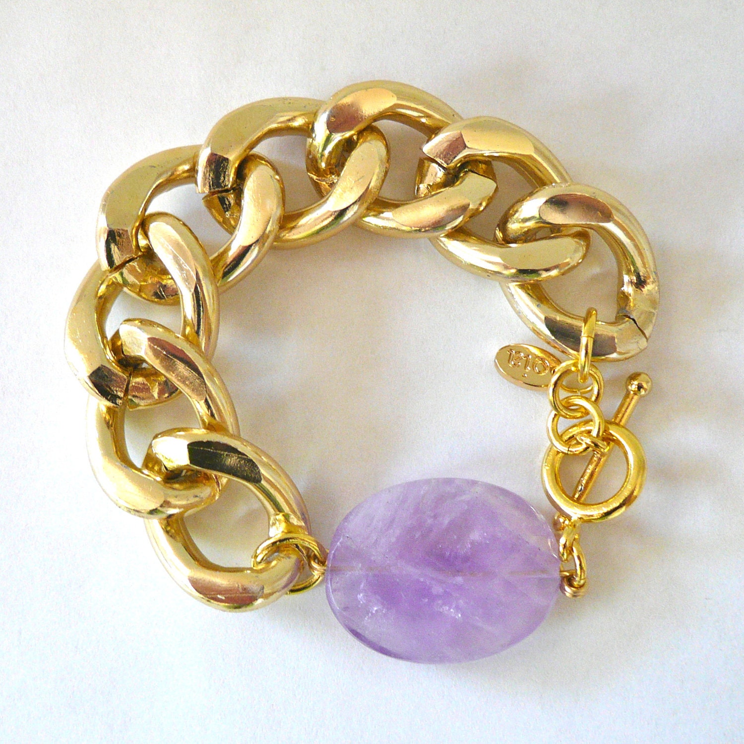 Chunky Gold Chain Link Bracelet with Faceted Amethyst stone