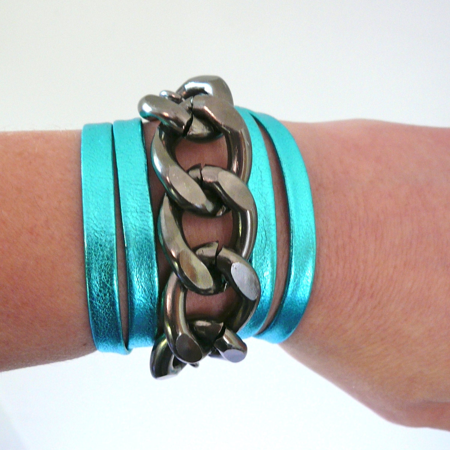 Bright Blue Metallic Leather & Chunky Gunmetal Chain Wrap Bracelet