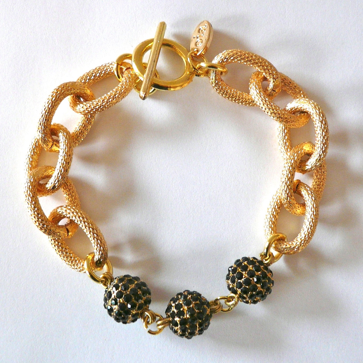 Gold Chain Link & Black Rhinestone Pave Ball Bracelet
