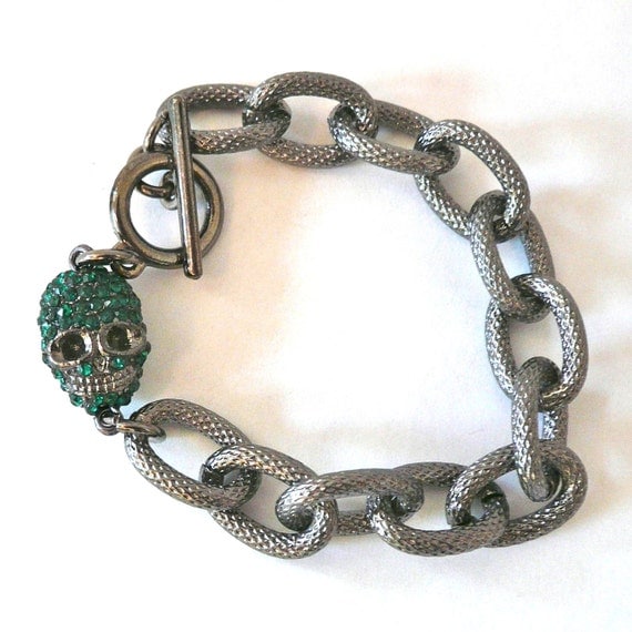 Gunmetal Textured Chain Link Bracelet with Green Pave Skull