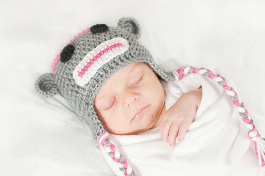 Crochet Baby Sock Monkey Earflap Hat Newborn Heather Grey/Watermelon/White MADE TO ORDER