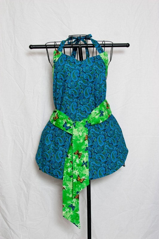 blue paisley and butterfly short apron with sweatheart neckline