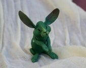 SALE. Green rabbit with snowflakes. Polymer clay miniature by Madre Olius
