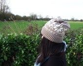 Knit Beanie in Fawn / Beige Scandinavian Fair Isle Star Pattern made in Wool Alpaca