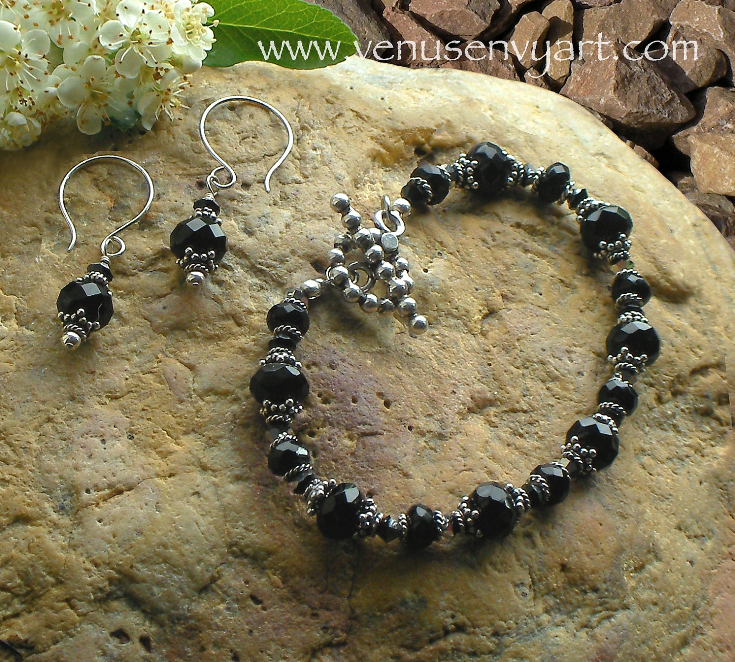 Black and Silver Bracelet Earrings Set - Black Czech Crystal, Jet Comet Argent Swarovski Crystal, Bali Fine Silver