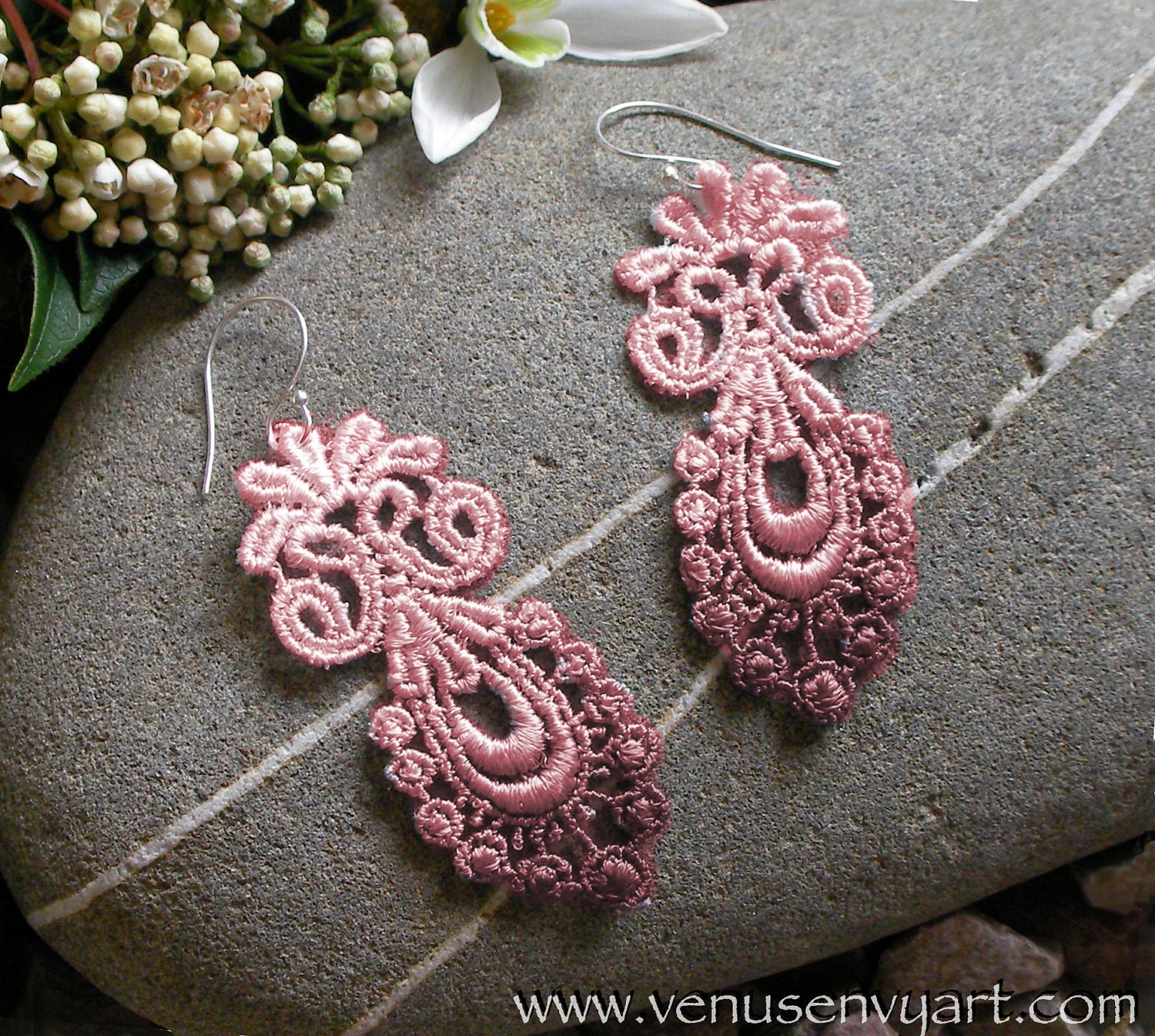 Vintage Style Lace Earrings - Fancy Victorian Style Scrolls Venetian Lace in Antique Rose Pink Ombre (or choose color)