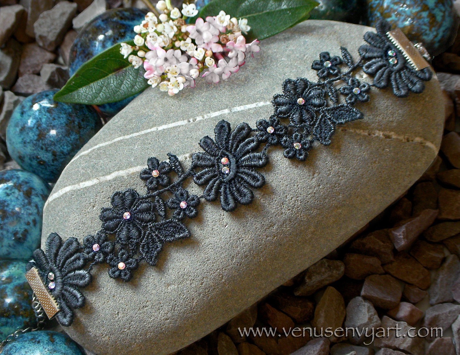 Lace Rhinestone Bracelet - Flowers on the Vine: Black, Silver and Swarovski Crystal AB (or choose colors)