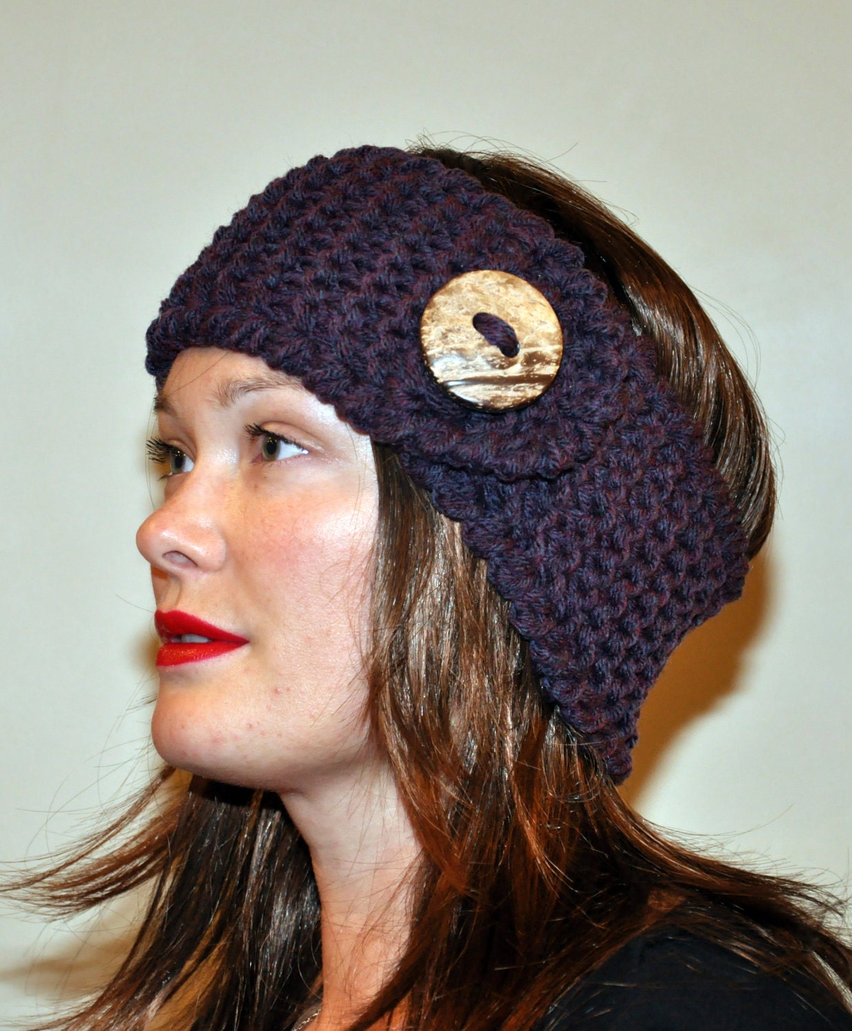 Crochet Ear warmer Headband Head wrap CHOOSE COLOR Warm Winter Button Eggplant Purple Gift under 25