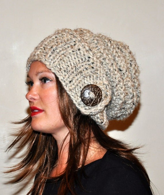 Slouchy Beanie Slouchy Hat Women Button Hand Knit Women Winter Wool CHOOSE COLOR Oatmeal Naturel Wood Earth Neutral Chunky Gift under 50