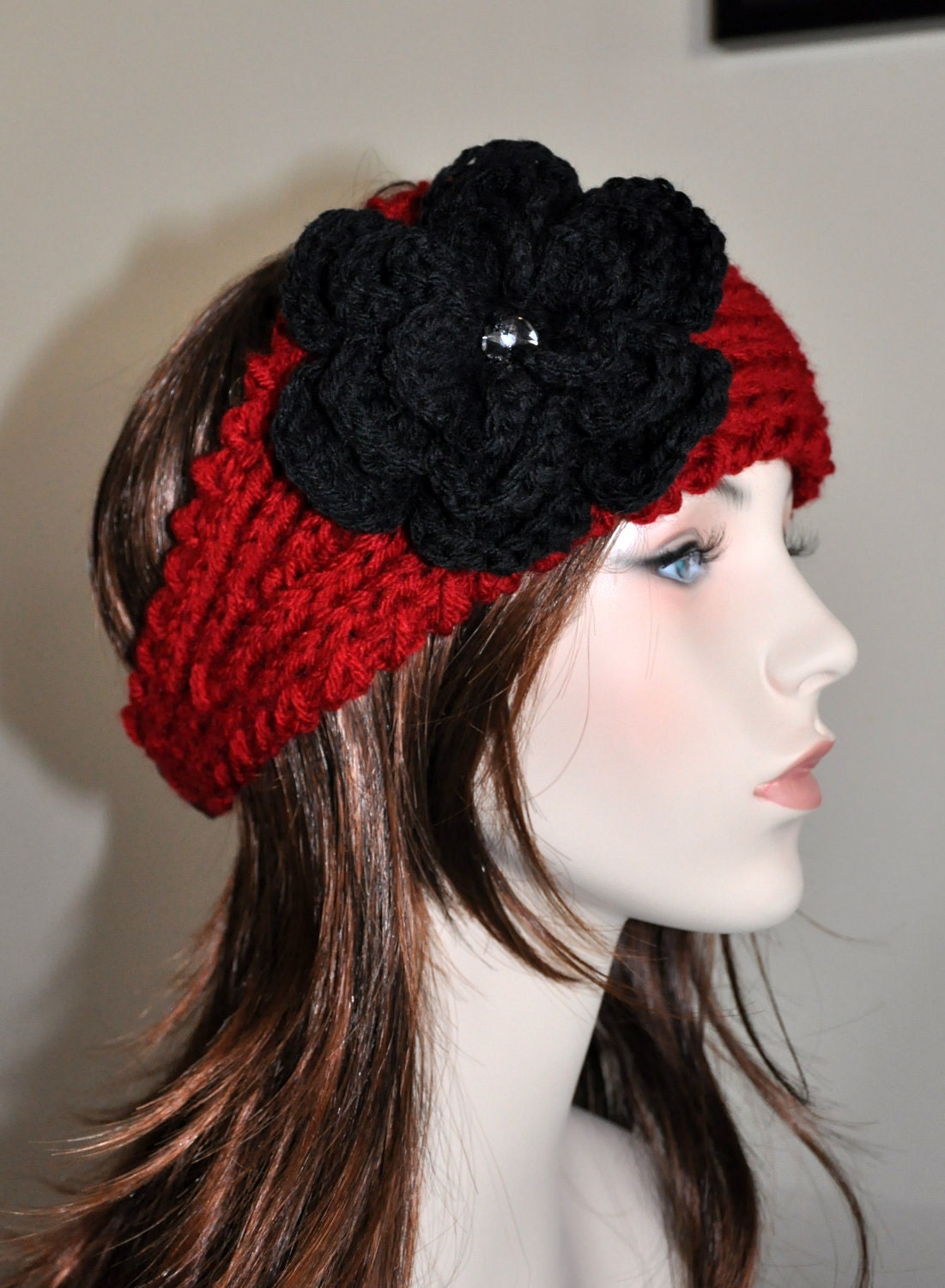 Ear warmer Headband head wrap CHOOSE COLOR Cozy Cranberry Scarlet Red Black Crystal Crochet Flower Hat Girly Valentines Day Gift