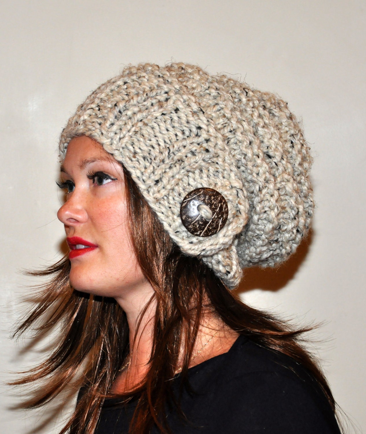 Slouchy Beanie Slouchy Hat Women Button Hand Knit Women Winter Wool CHOOSE COLOR Oatmeal Naturel Wood Earth Neutral Chunky Gift under 50