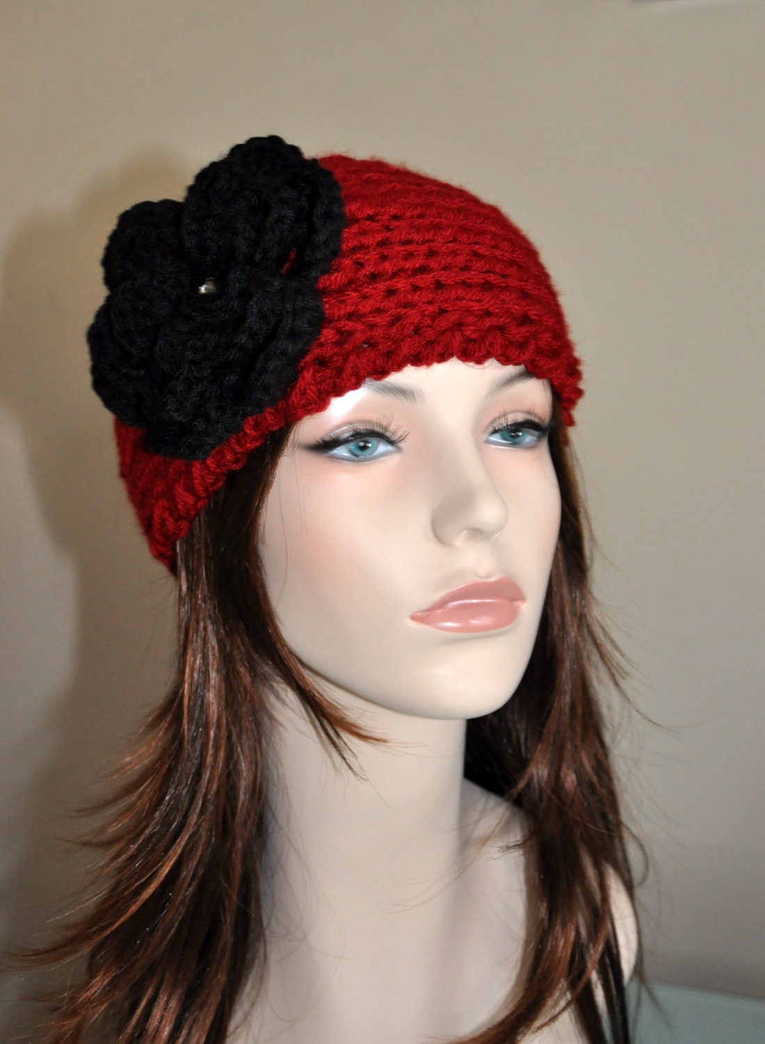 Ear warmer Headband head wrap CHOOSE COLOR Cozy Cranberry Scarlet Red Black Crystal Crochet Flower Hat Girly Valentines Day Gift
