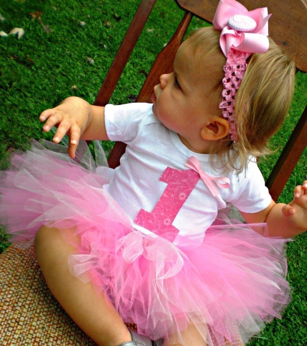 Baby Girl Pink 1st Birthday Tutu Set with Headband and Flower Clip