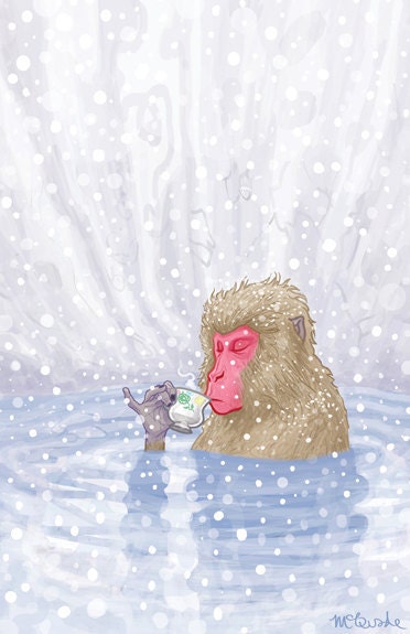 Japanese Snow Monkey Drinking Hot Tea