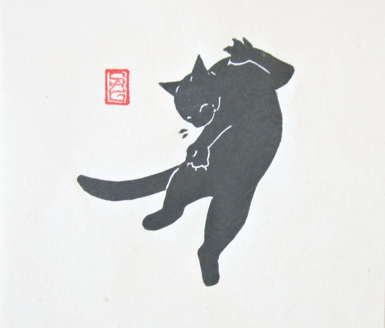Dancing Cat I - Black Cat Lino Block Print