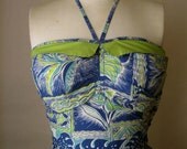 vintage 1950s dress. tropical hawaiian tiki strapless or halter circle skirt dress. garden tea party sundress.