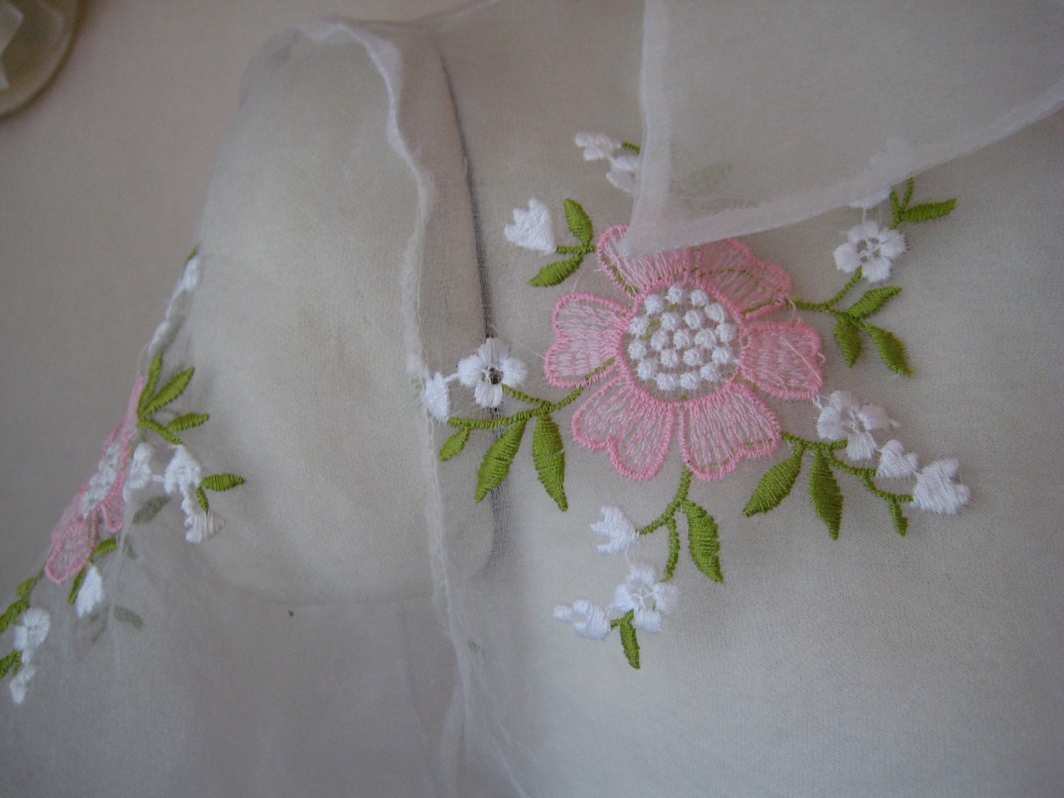 vintage sheer embroidered blouse. 1950s inspired chic romantic floral top.