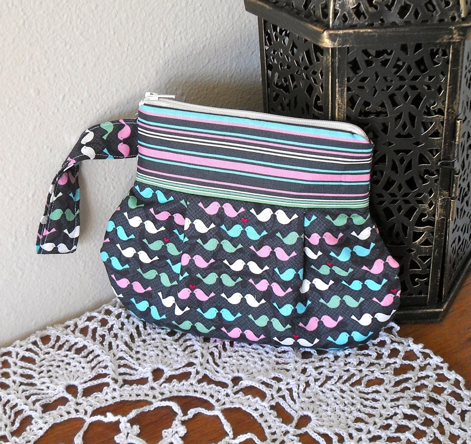 Pleated Black and Pastel Love Birds Zipper Pouch