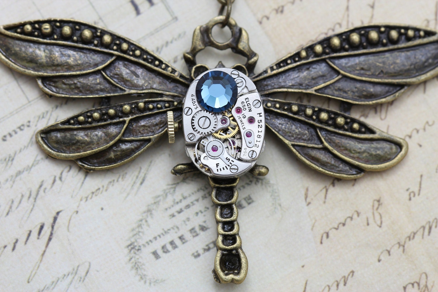 Steampunk Necklace Steam Punk Dragonfly Jewelry - Vintage Elgin Watch - Montana Blue Swarovski Crystal