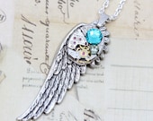 Steampunk Necklace Wing Steam Punk Jewelry - Silver Wing Blue Zircon Turquoise - Vintage Watch Movement- 20" Silver Chain