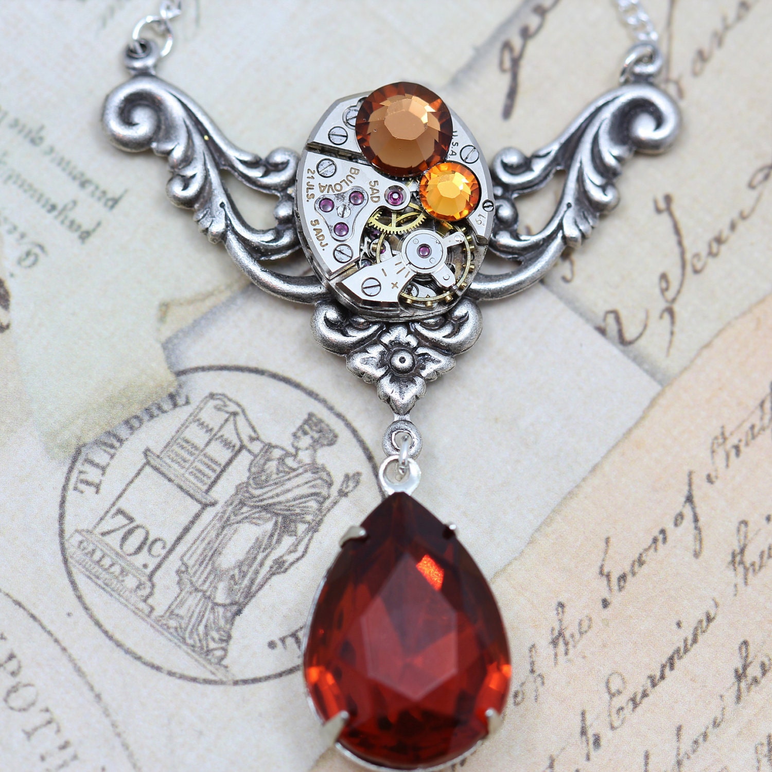 Steampunk Necklace  Steam Punk Jewelry - November Topaz Clockwork - Vintage Elgin Watch Necklace - Handmade by Inspired by Elizabeth
