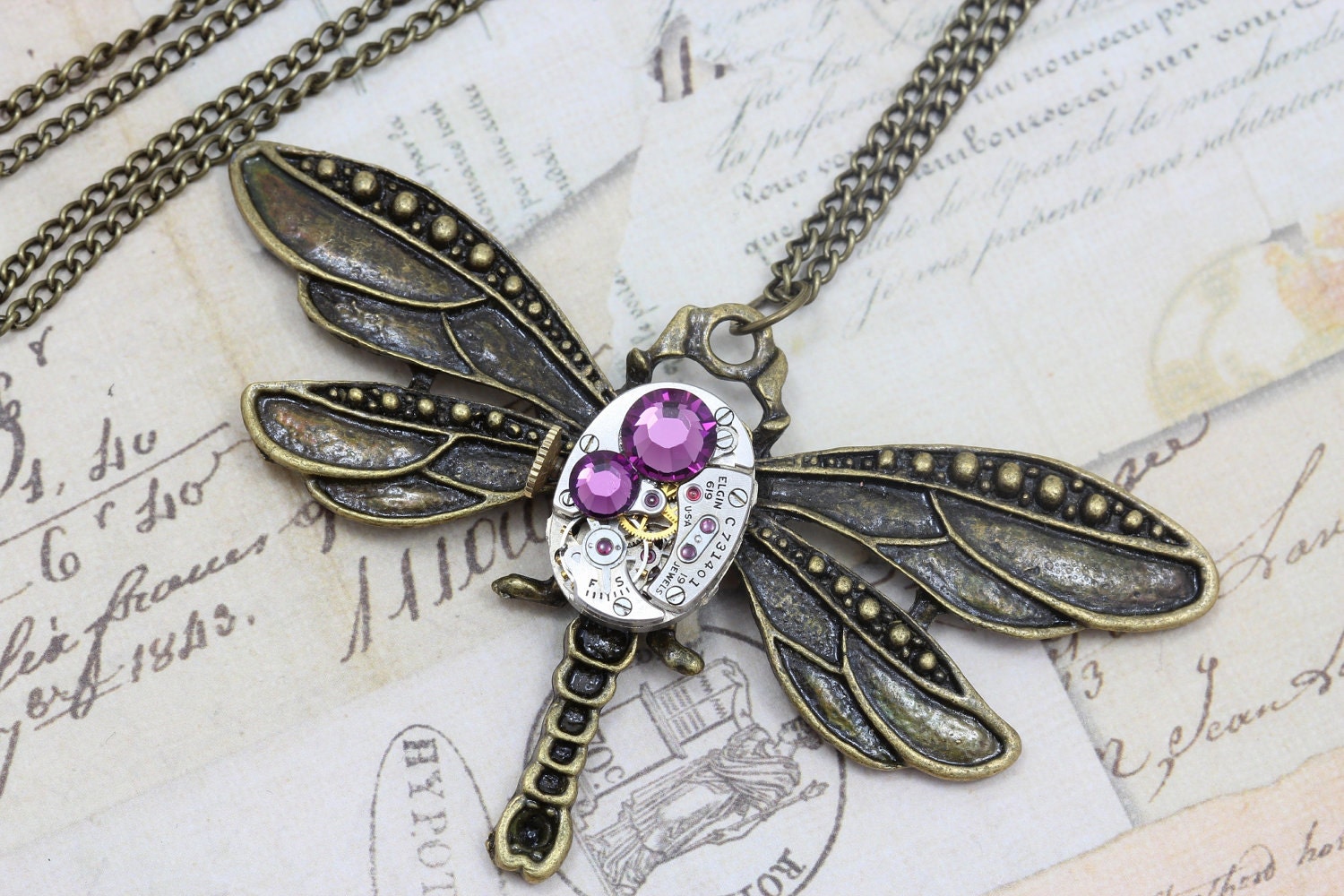 Steampunk Necklace Dragonfly Steam Punk Amethyst Purple Jewelry - Vintage Elgin Watch - Swarovski Crystal