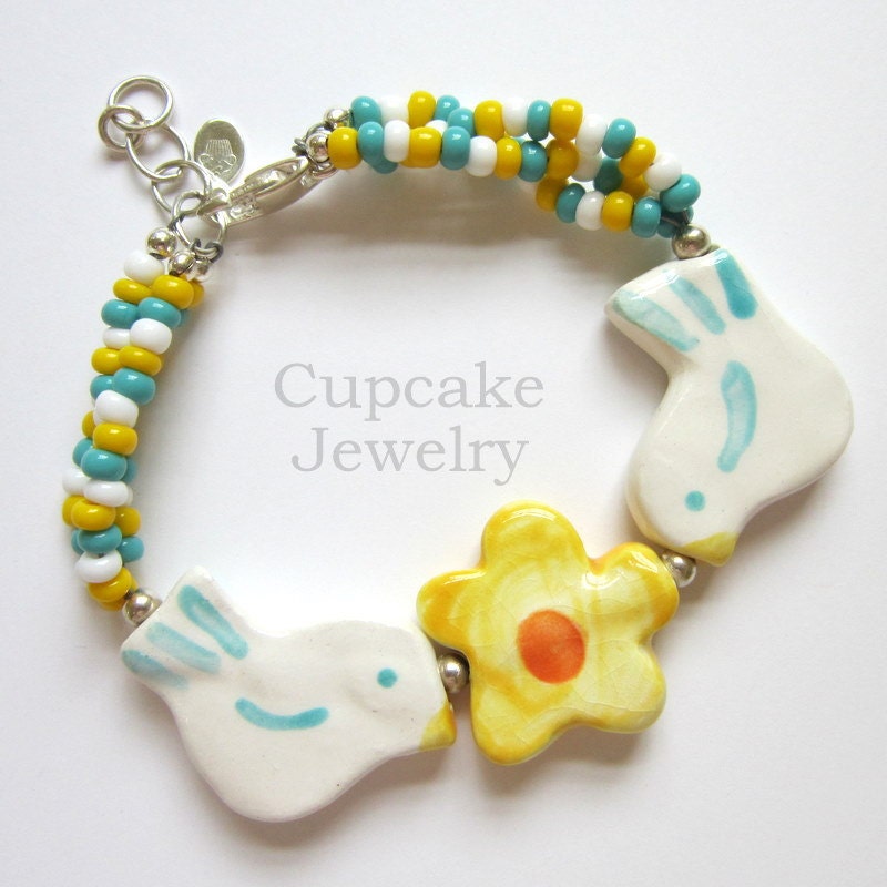 Ceramic Birds and Flower Bracelet