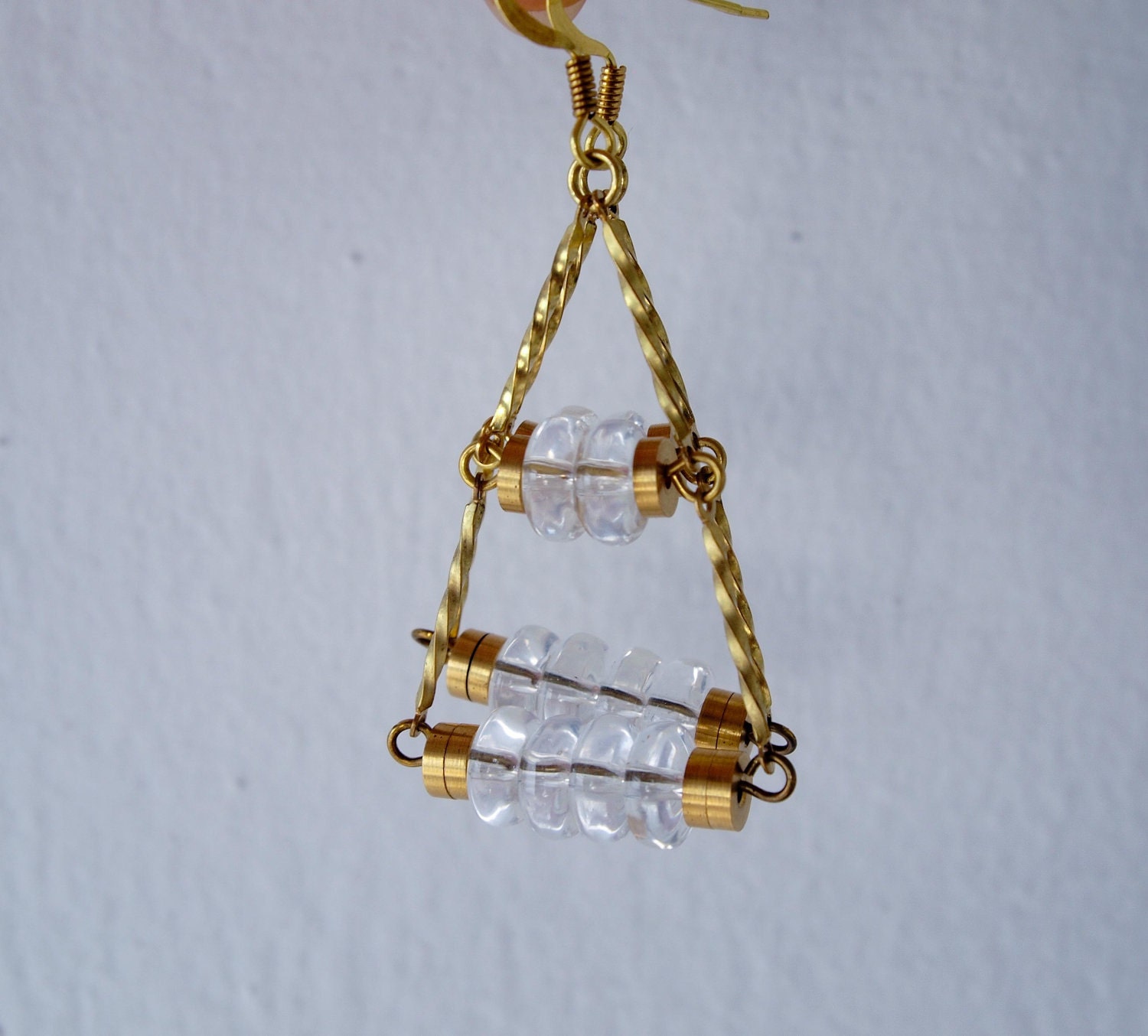 Tri - geometric brass and clear glass rondelles earrings
