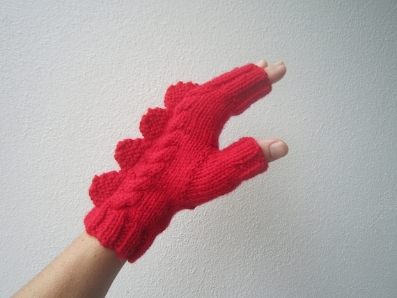 Red dragon dinosaur or monster fingerless mittens for adults. Very soft pure Australian wool