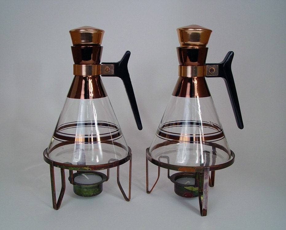 Coffee Carafes Vintage Mid Century Pair Copperplate and Glass With Warming Stands 1950s Housewares Serving Pitchers