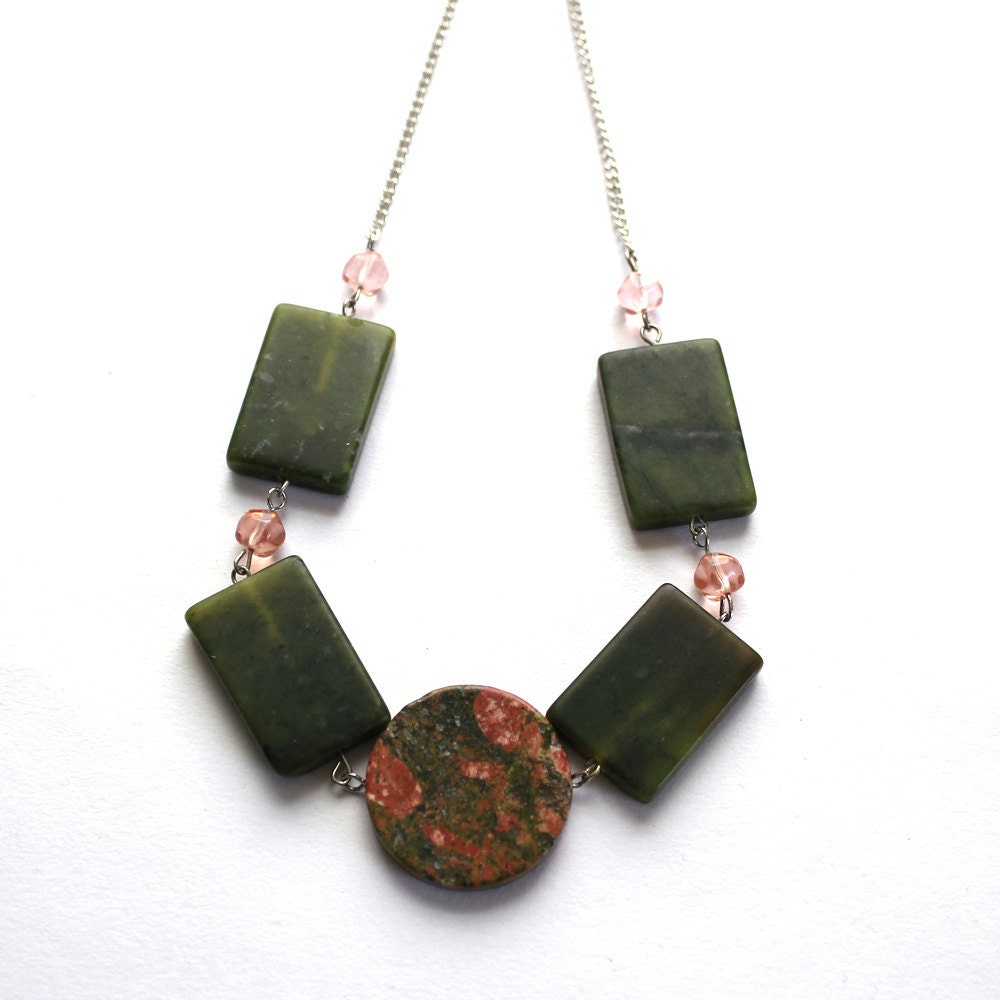Chunky Geometric Jade Necklace -  Pink & Green
