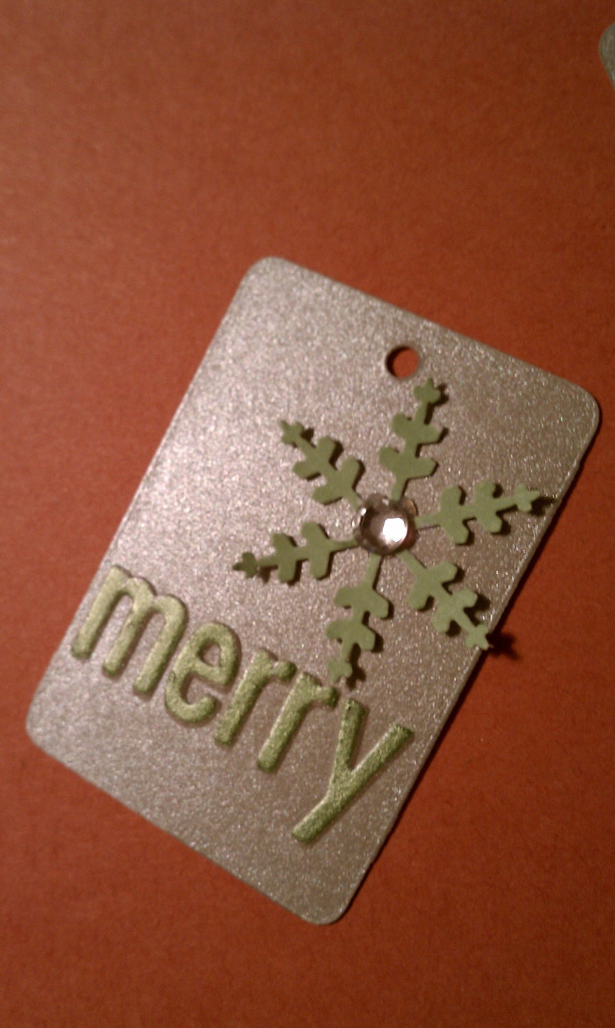 Silver merry tags with snowflake and rhinestone green set of 5