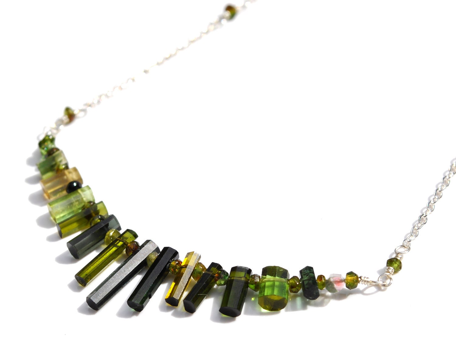 Green Tourmaline Necklace in Sterling Silver - Wire Wrapped Fine Gemstone Fringe, Modern, Elegant, Gift For Her