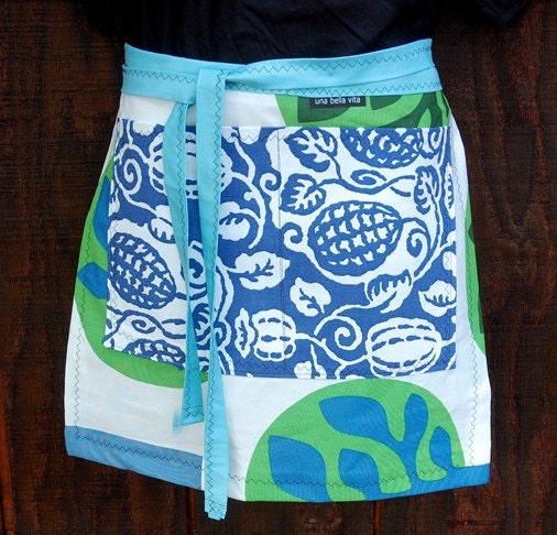 Waitress Half Apron, blue green, vendor, hostess, kitchen, flowers