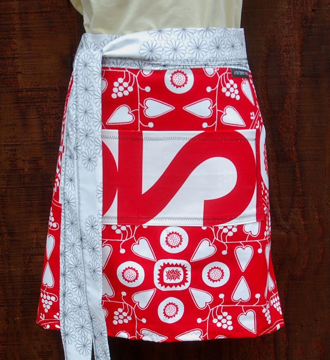 Red  Apron, Heart, Valentines Day, long ties, canvas. Gift for her, One size fits all