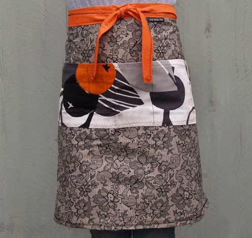 Designer half apron, lace design, roomy pocket, long ties, orange