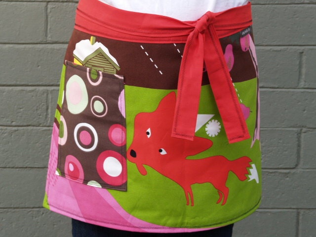 Curious Red Fox - Womans Apron  -  Kitchen Apron,  lime green, brown, woodland