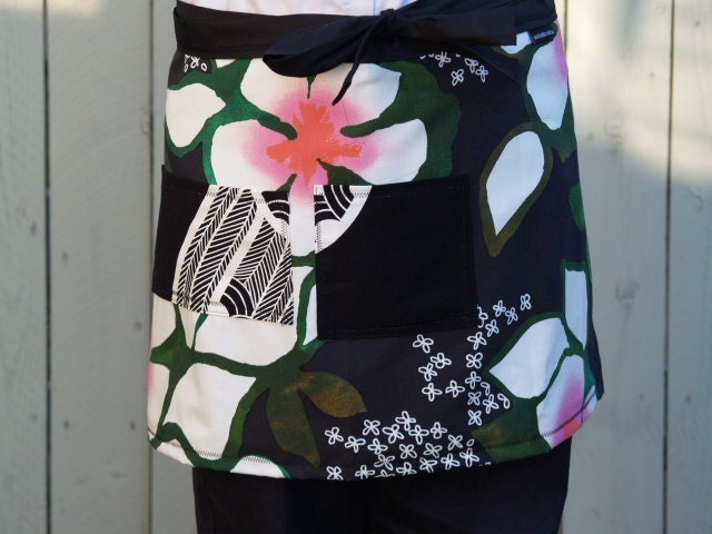 Flowers - Plus Size Apron, Black, Pink, Large Pockets, Gift for Her